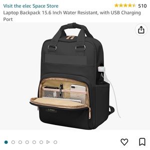 Black Laptop Backpack from Amazon. USB Charging cord